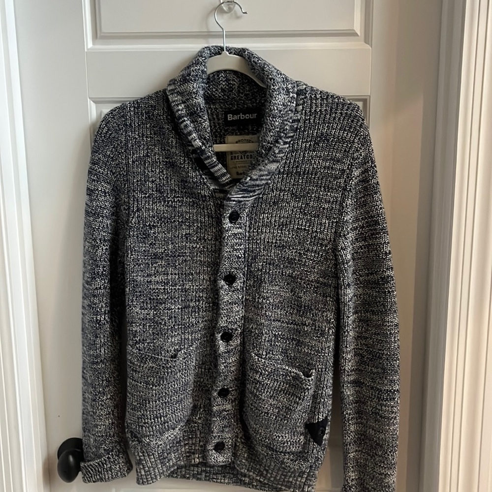 Mens - Barbour cardigan- small - blue and white - used